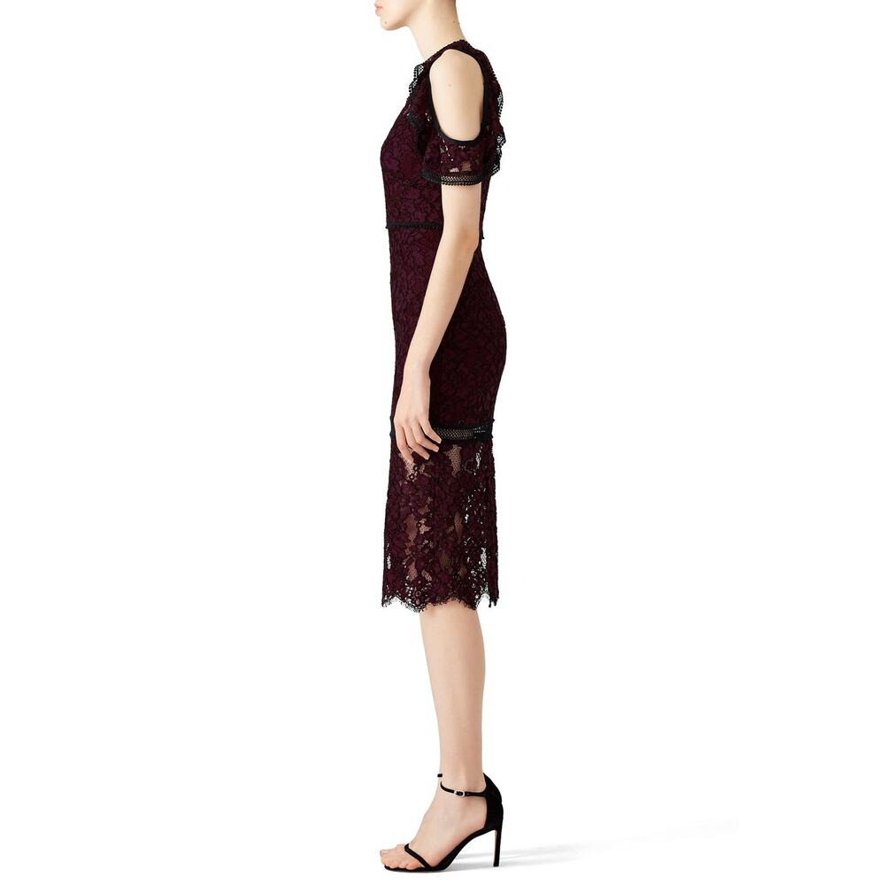 ALEXIS Evie Lace Midi Sheath Dress Womens Small Burgundy Crew Neck Cold Shoulder - Picture 2 of 16
